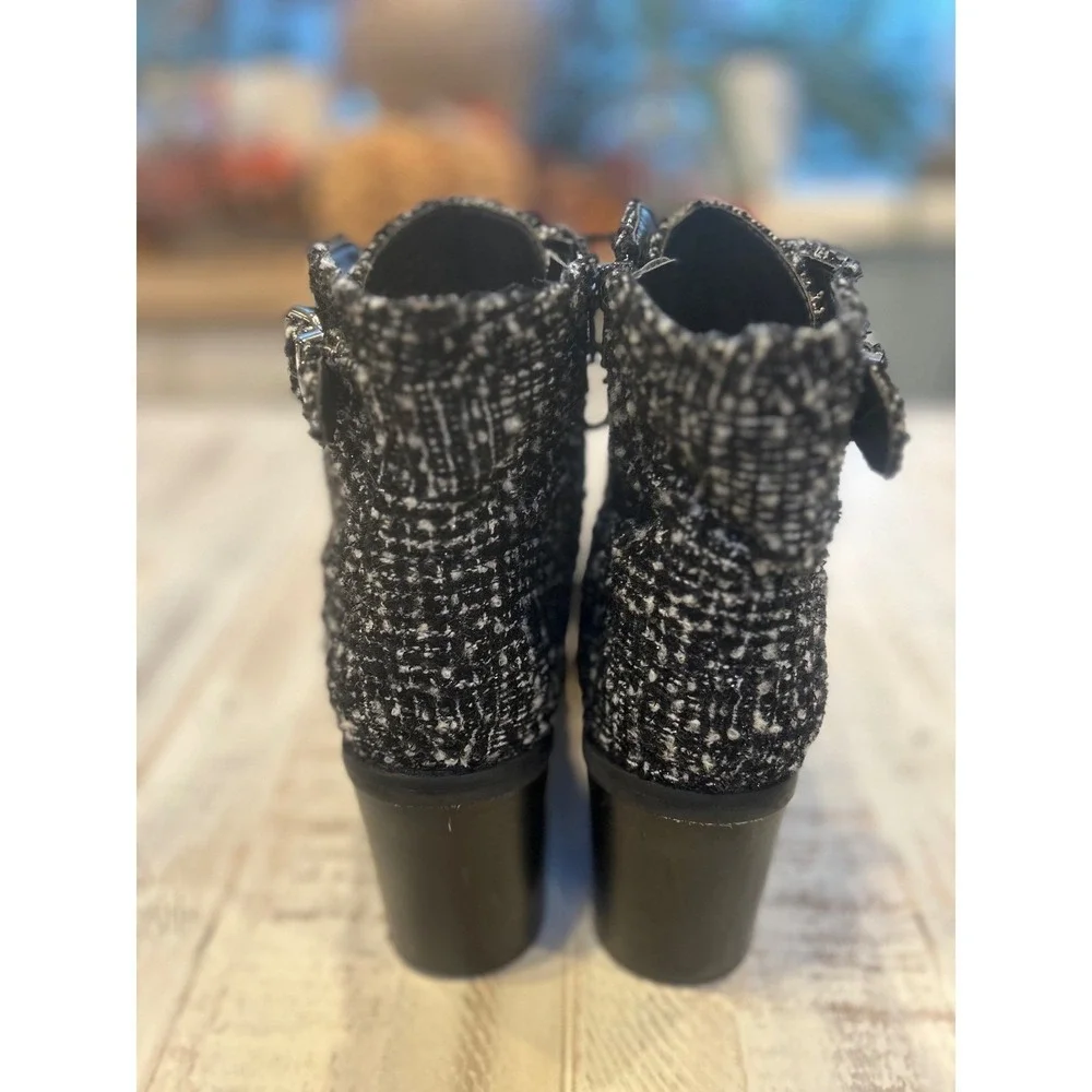 Diba True Black‎ White Tweed Lace Up Block Heel Ankle Boots Women's Size 10M